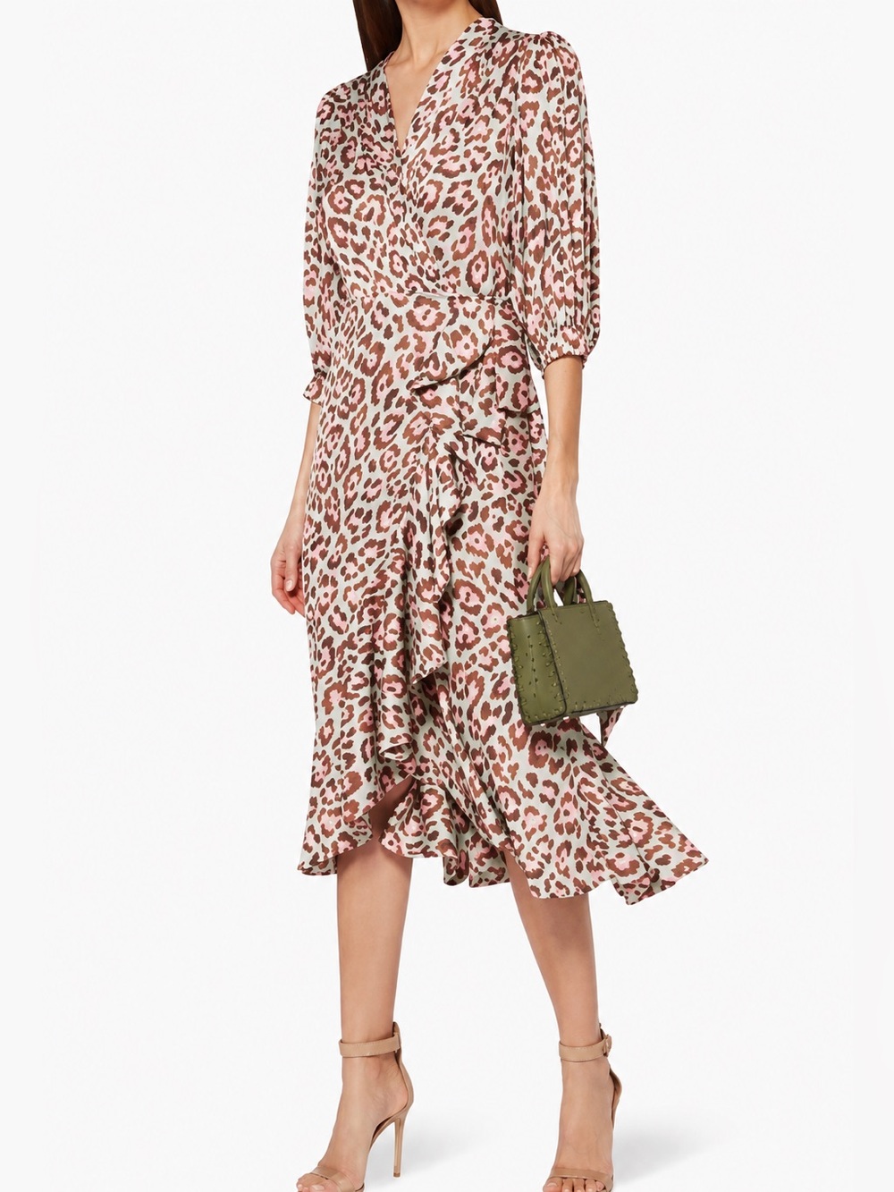 PatBO Leopard Print Wrap Midi Dress Size 2 | Ruffle Hem | Brazil